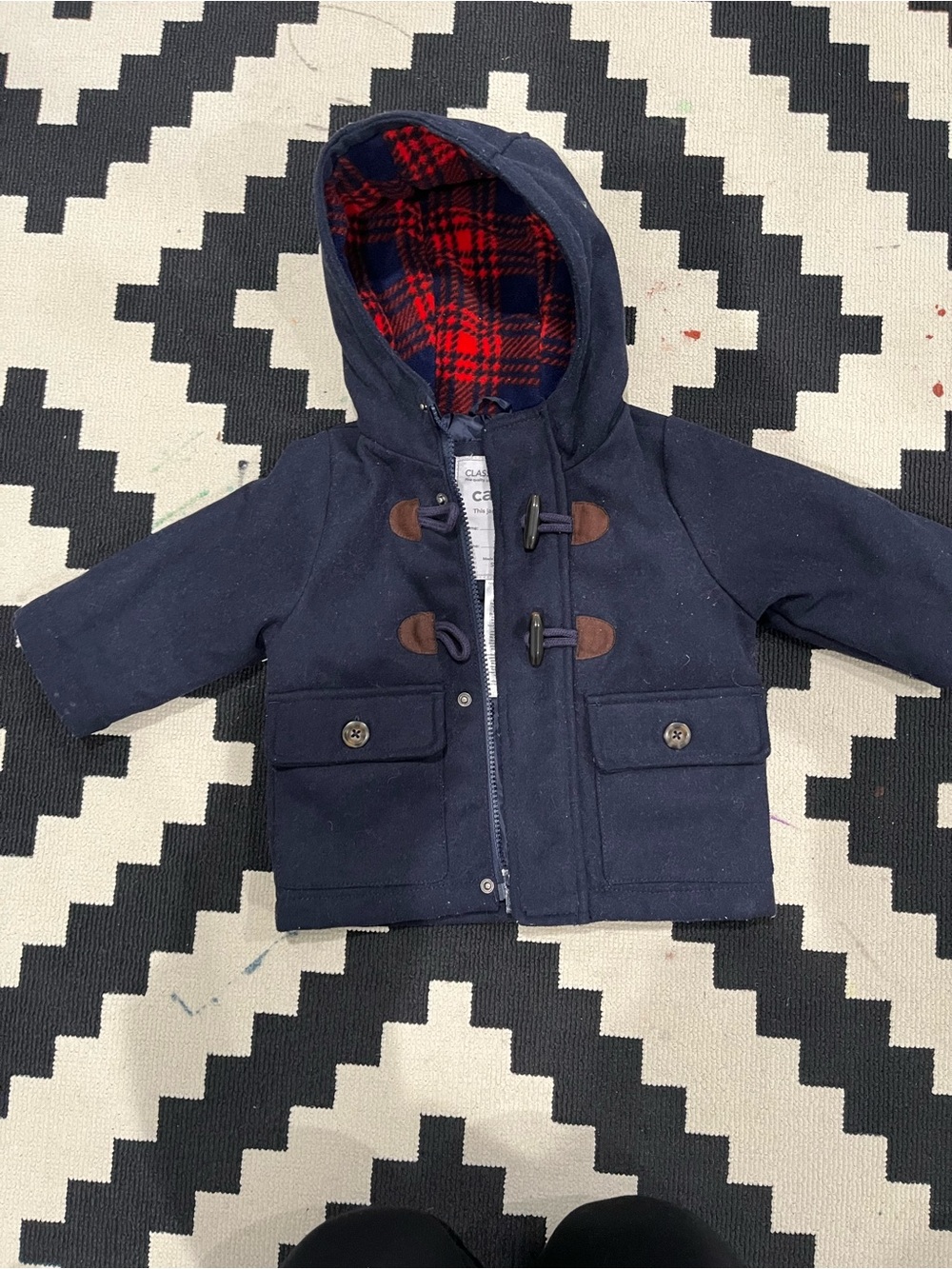 Carter's Navy Hooded Toggle Jacket with Red Plaid Lining